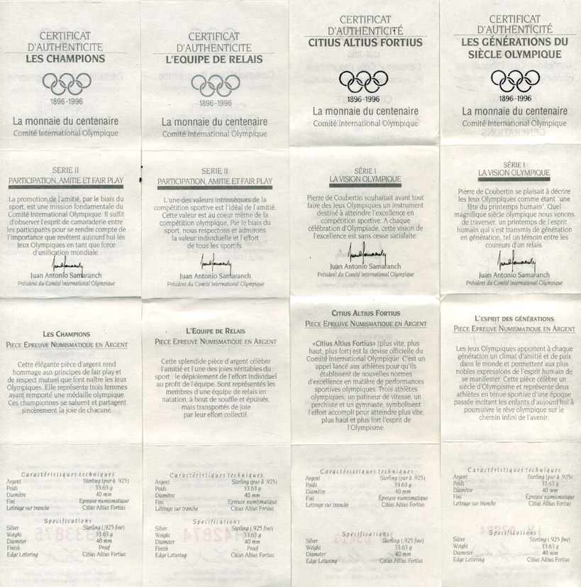 Австралия, Греция, Австрия, Франция, Канада набор из 10 монет 1996 100 лет Олимпийскому комитету (1896-1996), в оригинальной коробке с сертификатами KM 218, 219, 3026, 3027, 215, 216, 1047, 1048, 165, 166 серебро PROOF 14-01-03-26