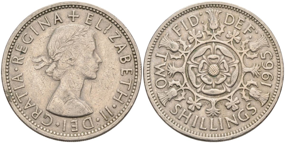 Великобритания 2 шиллинга (флорин) 1965 Елизавета II (1952-2022) KM 906, Spink 4146 медно-никель 4117-1032