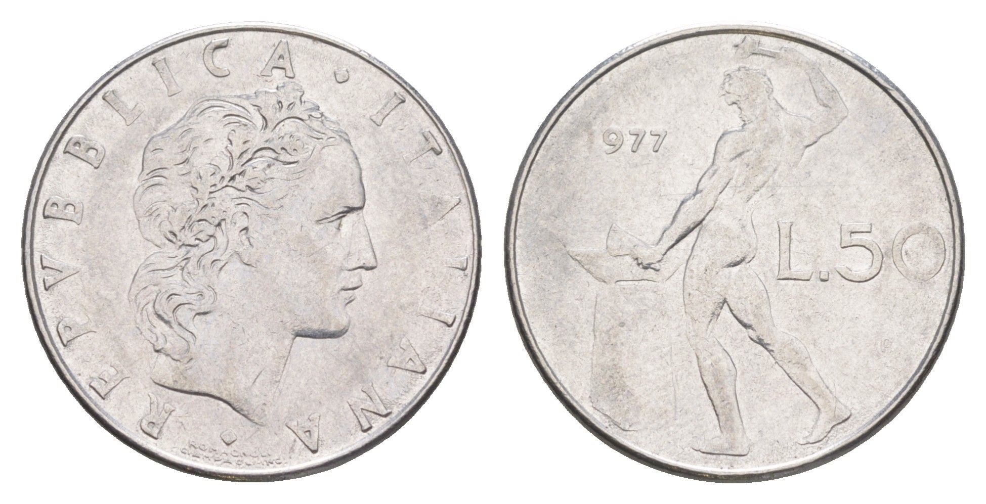 Италия 50 лир 1977 R, бог огня Вулкан у наковальни KM 95.1 нержавеющая сталь 4551-1031