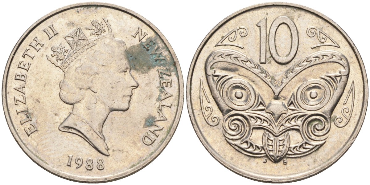 Новая Зеландия 10 центов 1988 Елизавета II (1952-2022), маска маори KM 61 медно-никель 4126-1234