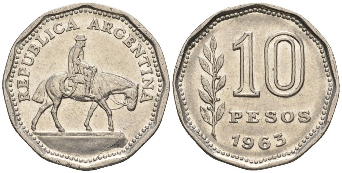 Аргентина 10 песо 1963 Гаучо KM 60, Schon 60, CJ 283 никелированная сталь    60-941