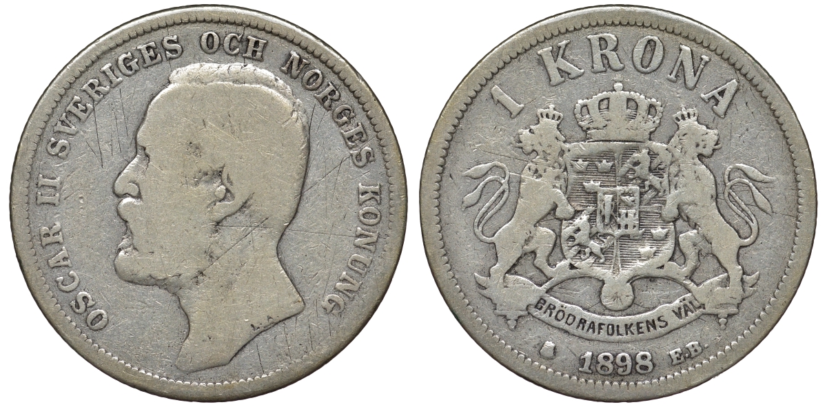 Швеция 1 крона 1898 Оскар II (1872-1907) король Швеции и Норвегии KM 760 серебро 1518-332