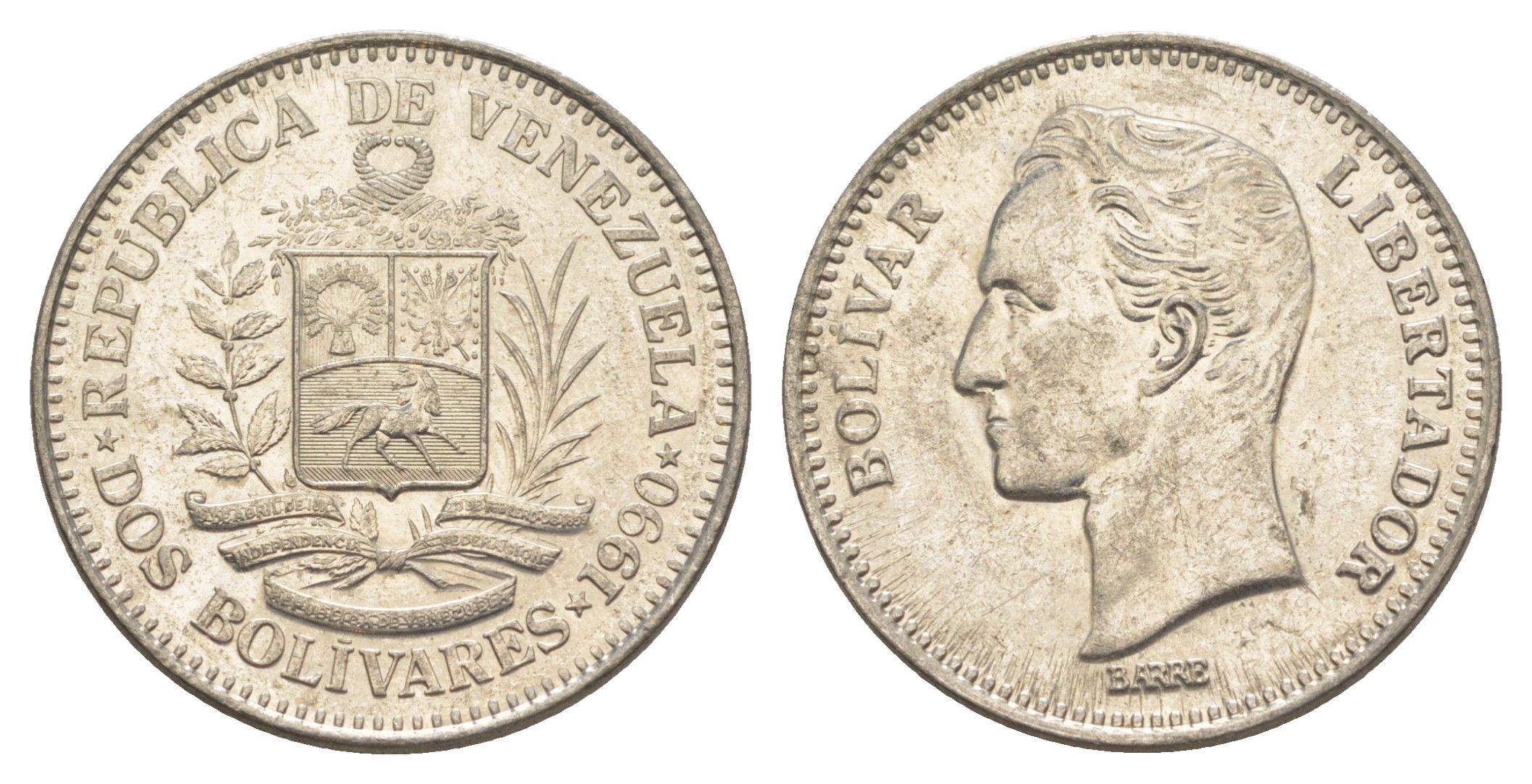 Венесуэла 2 боливара 1990 Симон Боливар Y 43a сталь плакированная никелем 4583-544