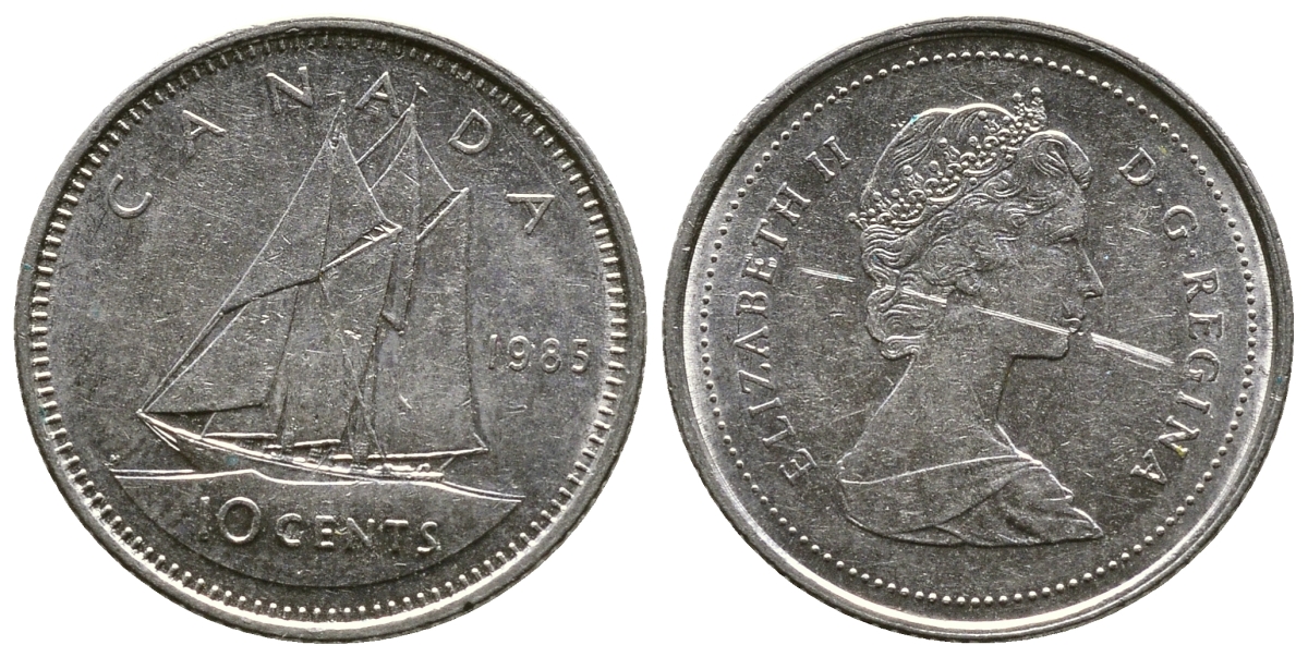 КАНАДА 10 ЦЕНТОВ 1985 ПАРУСНИК, ЕЛИЗАВЕТА II KM 77.2 никель 35-137