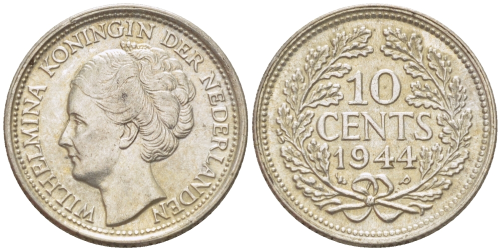 Нидерланды 10 центов 1944 Вильгельмина (1890-1948) KM 163 серебро aUNC 46-912