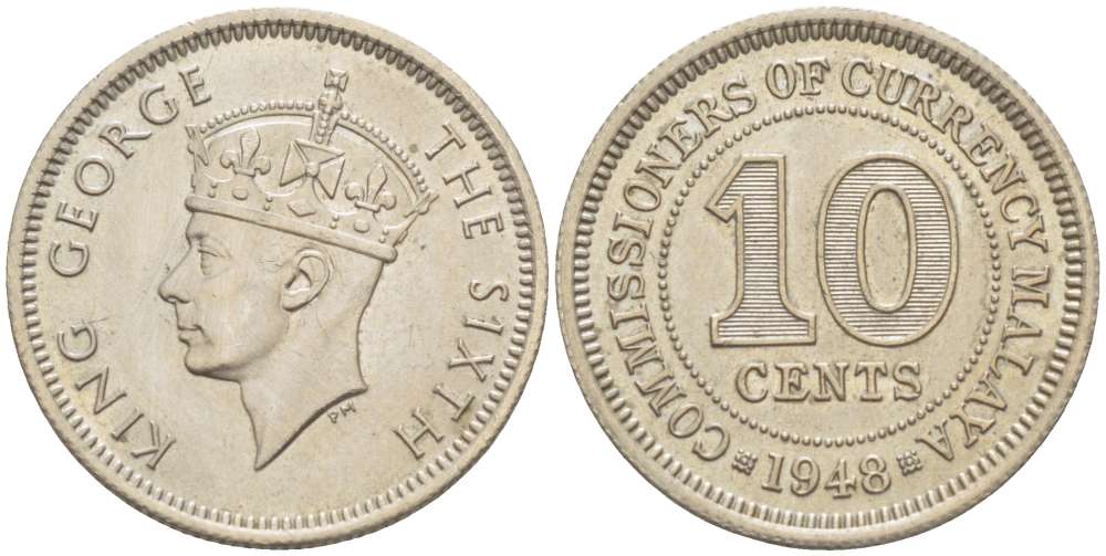 Британская Малайя 10 центов 1948 Георг VI (1937-1952) KM 8 медно-никель 4516-717