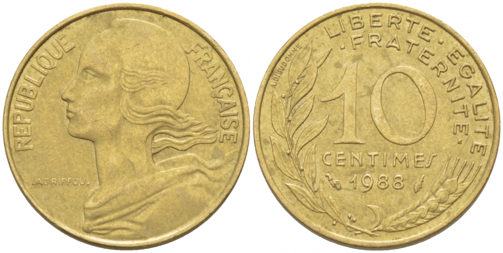 ФРАНЦИЯ 10 САНТИМОВ 1988 ТИП MARIANNE KM 929 медь алюминий никель 3309-1063