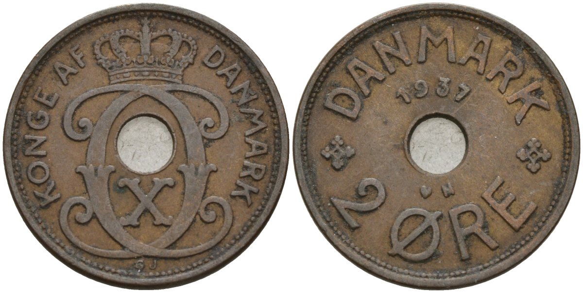 Дания 2 эре 1937 Кристиан X (1912-1947) KM 827 бронза 4147-525