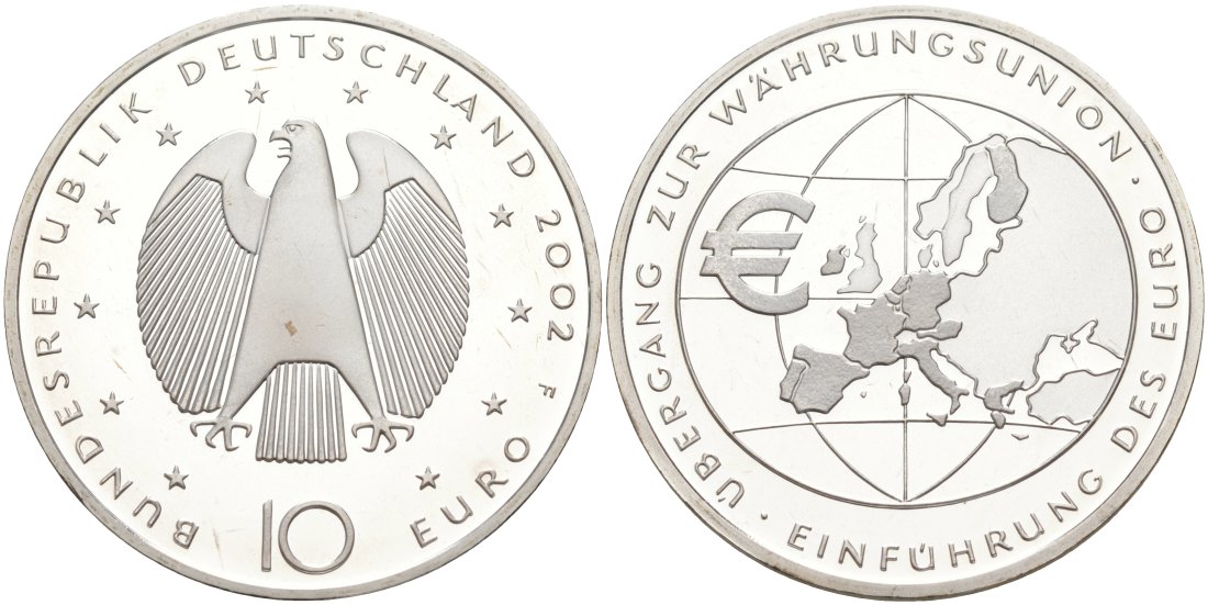 ФРГ 10 евро 2002 F, введение европейской валюты KM 215, DE.S. 10.1 серебро PROOF 01-345-32