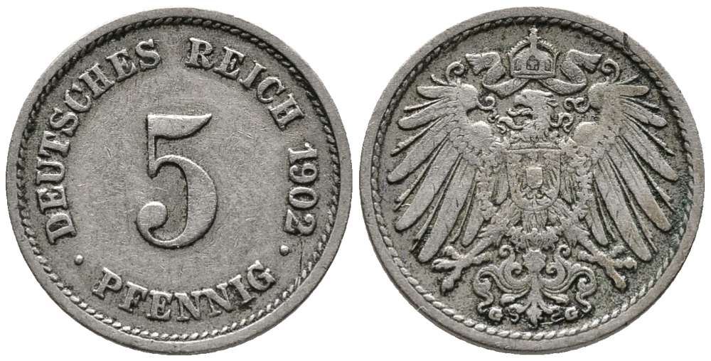 ГЕРМАНИЯ 5 ПФЕННИГОВ 1902 G KM 11, J. 12 медно-никель 39-757