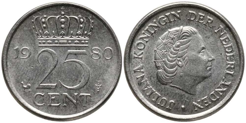 НИДЕРЛАНДЫ 25 ЦЕНТОВ 1980 ЮЛИАНА KM 183 никель 112-747