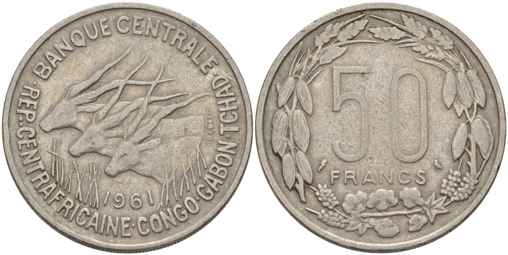 ЭКВАТОРИАЛЬНО-АФРИКАНСКИЕ ШТАТЫ 50 ФРАНКОВ 1961 КОНГО, ГАБОН, ЧАД KM 3 медно-никель 82-844