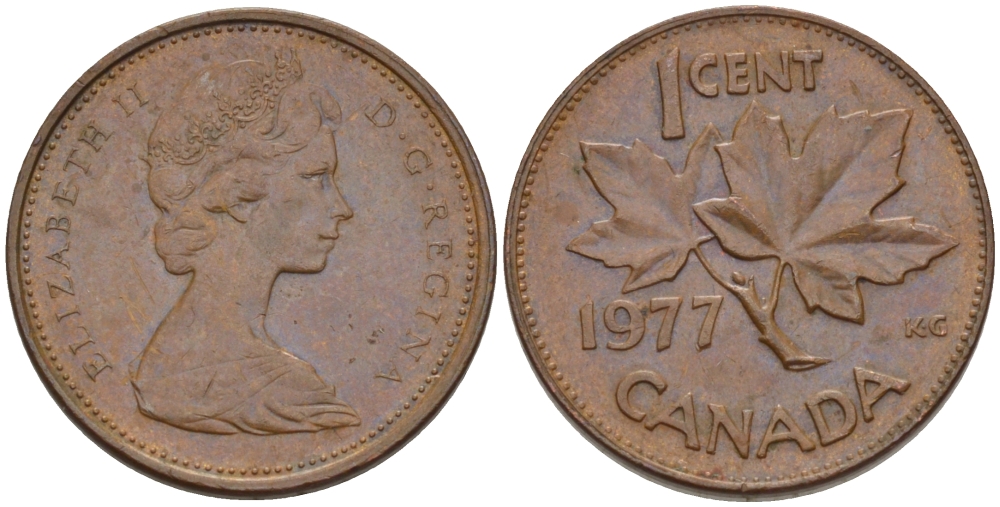 Канада 1 цент 1977 Елизавета II (1952-2022), кленовый лист KM 59.1 бронза 4608-428