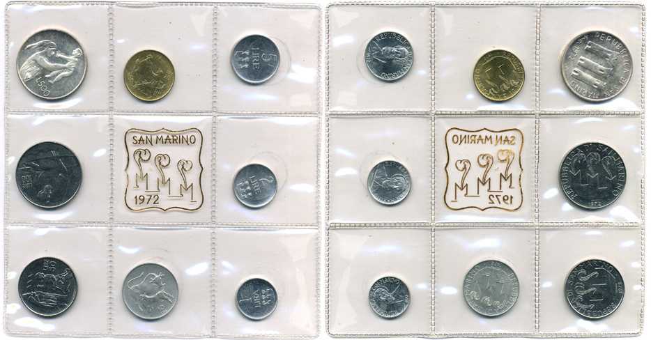 Сан-Марино годовой набор из 8 монет 1972 1, 2, 5, 10, 20, 50, 100 и 500 лир мать поднимает ребенка в воздух KM 14-21, в оригинальной пластиковой запайке серебро KM MS1 серебро UNC 2-5-1-45