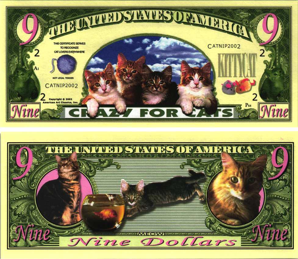 США 9 ДОЛЛАРОВ 2002 СУВЕНИРНАЯ БАНКНОТА, ЛЮБИТЕЛИ КОШЕК бумага UNC (ПРЕСС) 7198-39-1-1