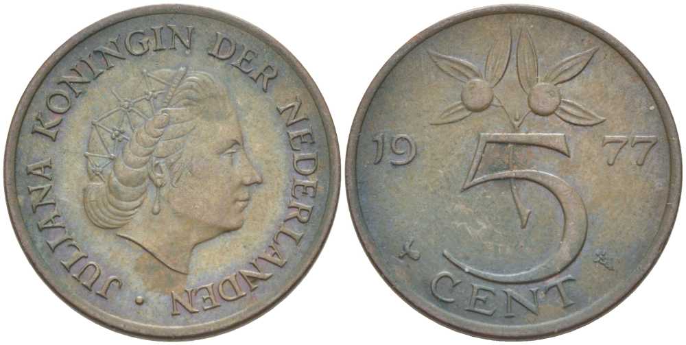 Нидерланды 5 центов 1977 Юлиана (1948-1980) KM 181 бронза 213-1142