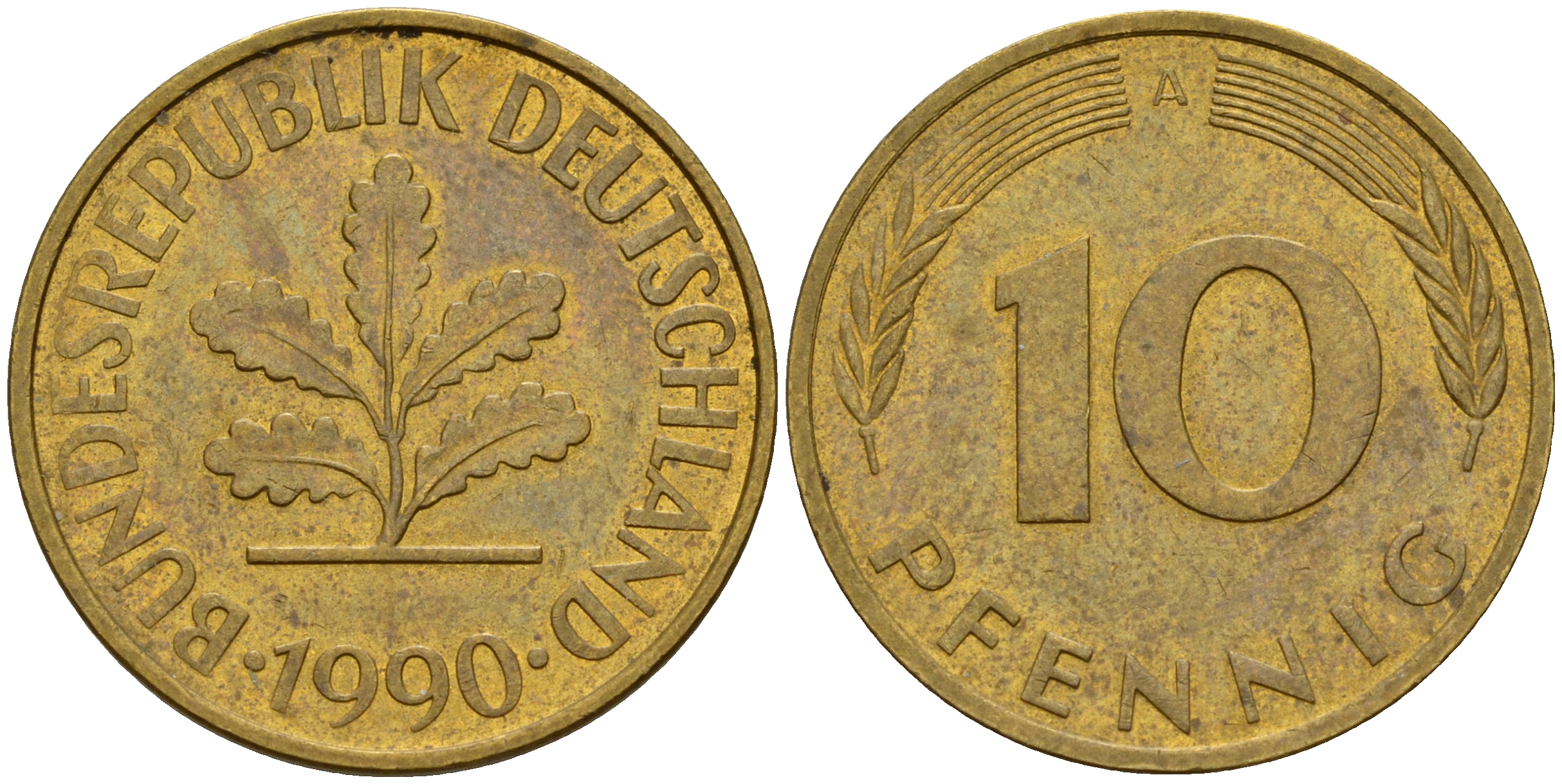 ФРГ 10 пфеннигов 1990 A J. 383, KM 108 сталь плакированная латунью    4603-624