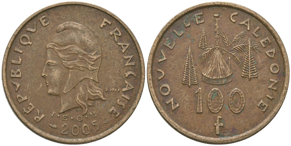 Французская Новая Каледония 100 франков 2005 хижина среди сосен и пальм, (IEOM) KM 15, Schoen 16, Lec 139i никель бронза 111-435