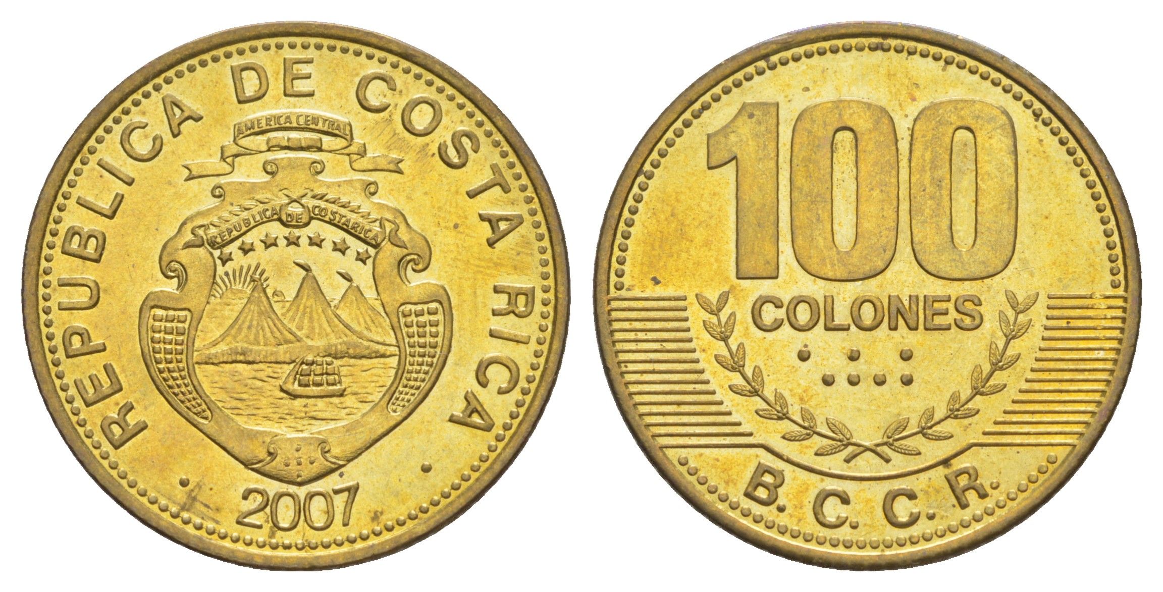 Коста-Рика 100 колонов 2007 KM 240a сталь плакированная латунью UNC 4642-955