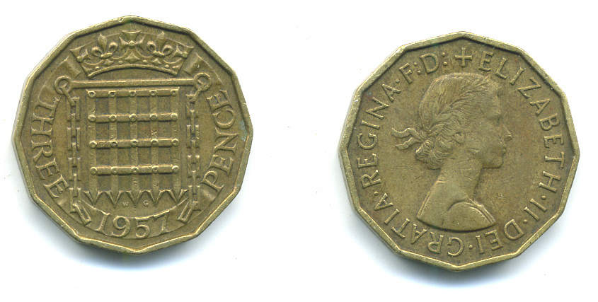 Великобритания 3 пенса 1957 Елизавета II (1952-2022) KM 900, Spink 4153 никель латунь 4383-315