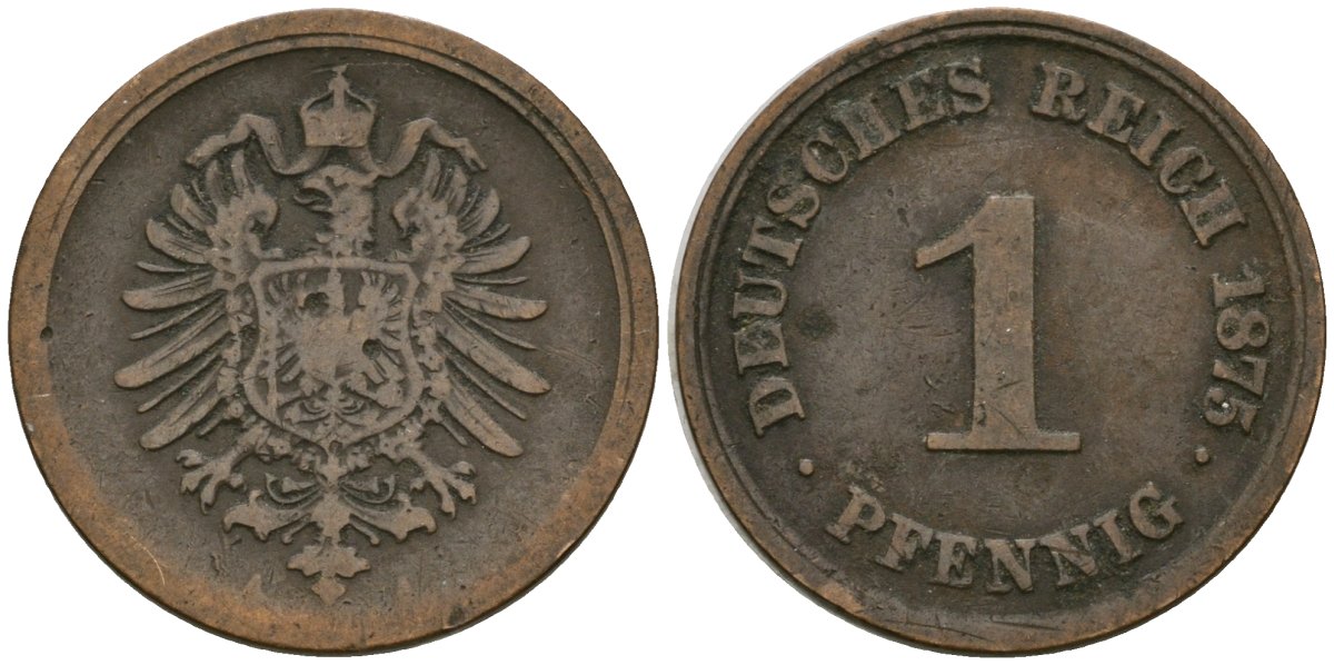 Германия 1 пфенниг 1875 A, Вильгельм I (1871-1888) KM 1, J. 1 медь 4602-216