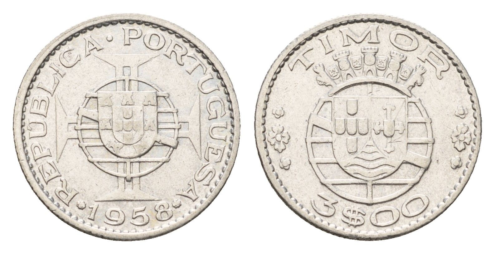 Португальский Тимор 3 эскудо 1958 год-тип KM 14 серебро 4669-768