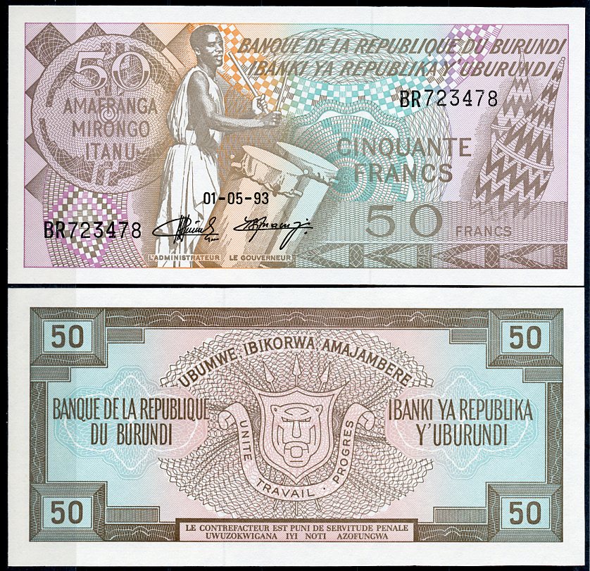 Бурунди 50 франков 1993 барабанщик Pick 28 c  бумага  UNC (пресс) 7200-6-1
