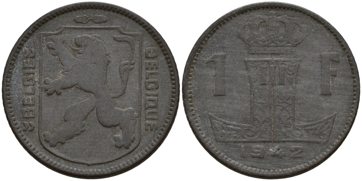 Бельгия 1 франк 1942 Belgique - Belgie, Леопольд III (1934-1947), германская оккупация, Вторая мировая война KM 127 цинк 4161-437