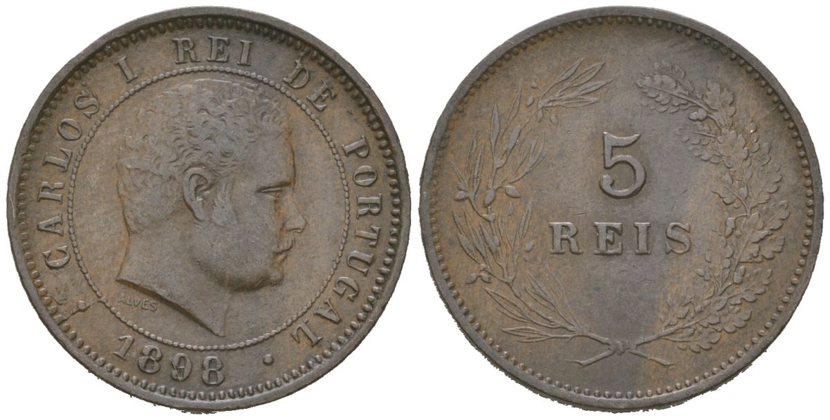 Португалия 5 реалов 1898 Карлуш I (1889-1908), редкий год KM 530 бронза 4611-248