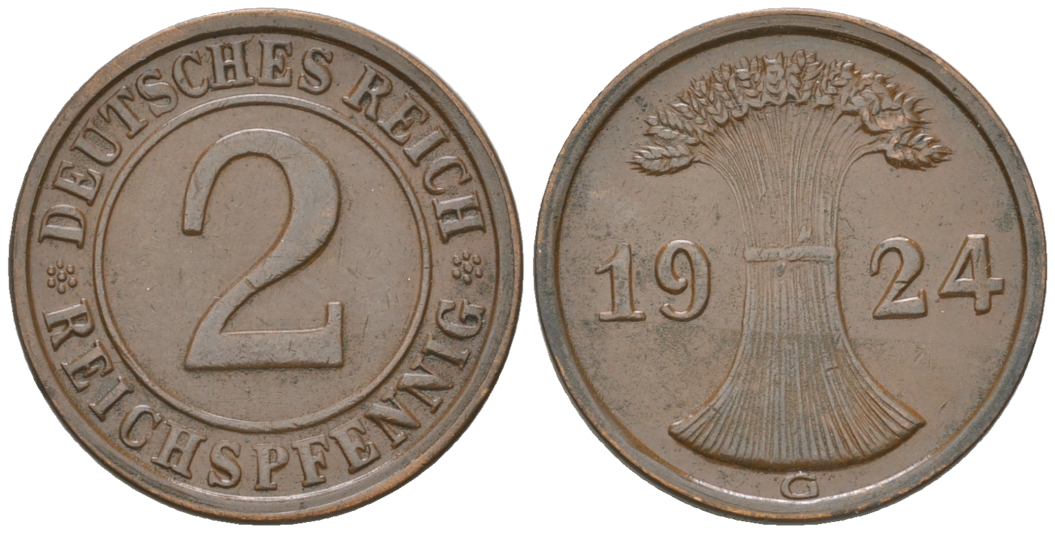 Германия 2 рейхспфеннига 1924 G KM 38, J. 314 бронза 4164-647