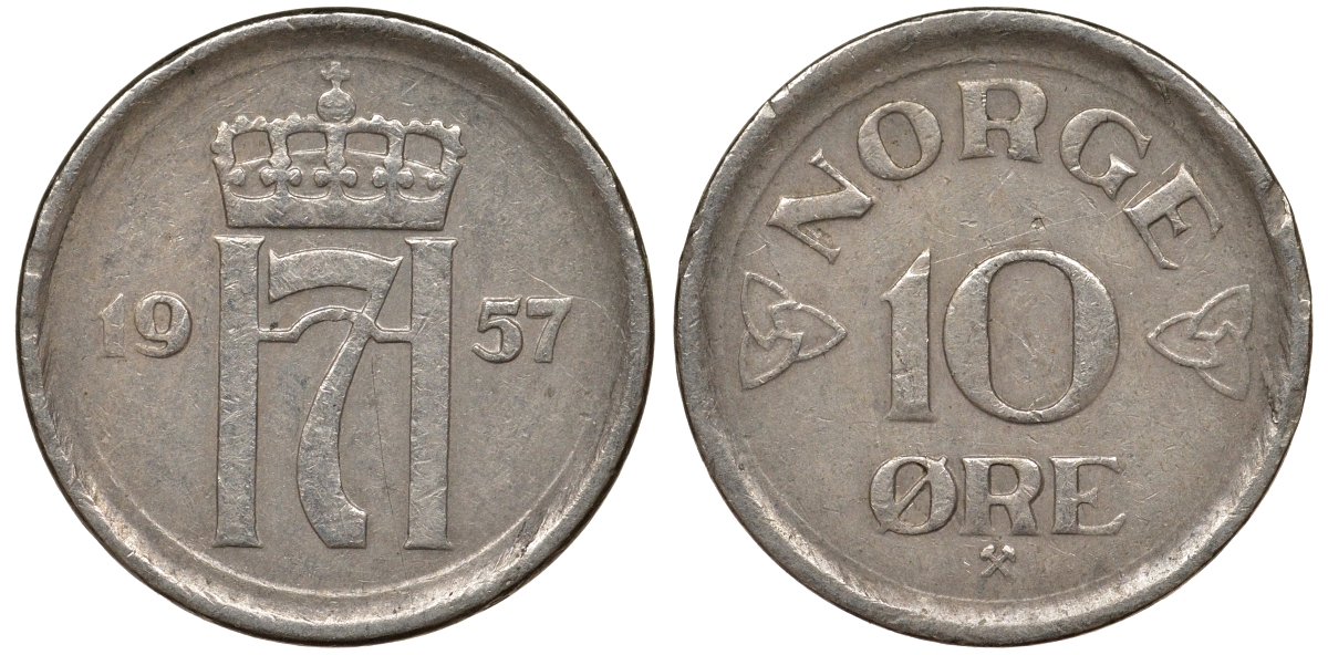 НОРВЕГИЯ 10 ЭРЕ 1957 KM 396 медно-никель 62-934