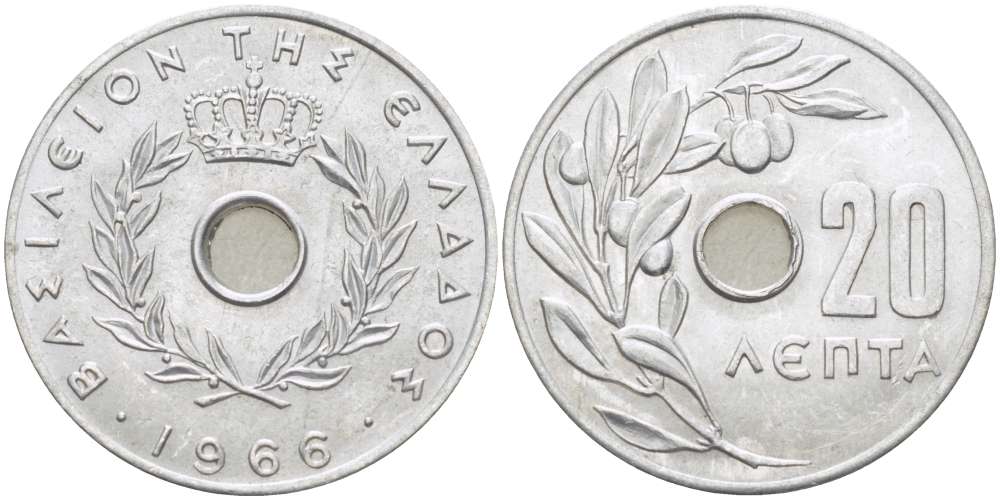 Греция 20 лепта 1966 Константин II (1964-1974), оливковая ветвь KM 79 алюминий 4182-1114