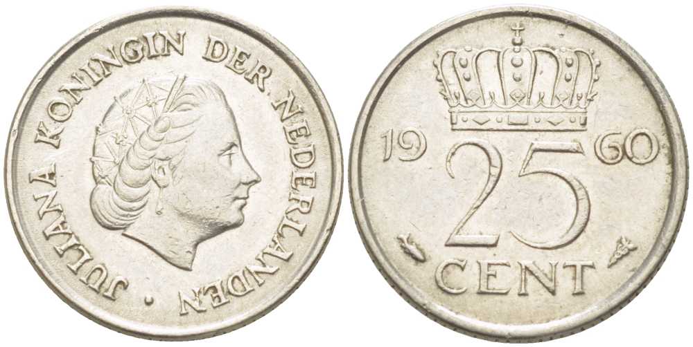 НИДЕРЛАНДЫ 25 ЦЕНТОВ 1960 ЮЛИАНА (1948-1980) KM 183 никель 214-931
