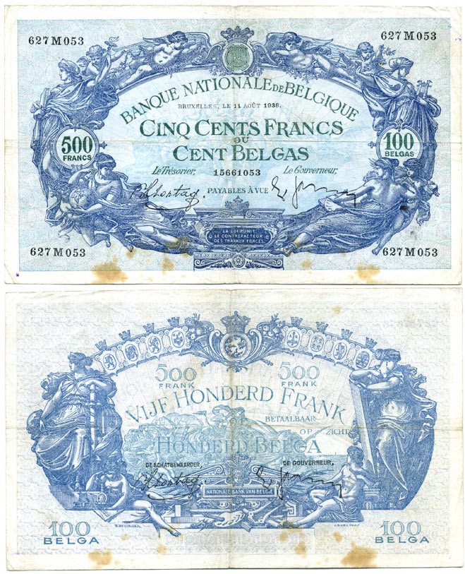 БЕЛЬГИЯ 500 ФРАНКОВ 1938 Pick 109 бумага 6289-51-1