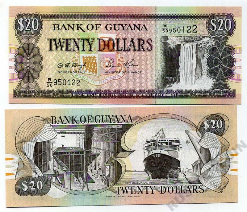 Гайана 20 долларов ND (1996-2018) водопад Кайетур, судостроение, паромное судно "Малали", Dolly Singh, Saisnarine Kowlessar Pick 30 b2 бумага UNC (пресс) 447-36-1-2