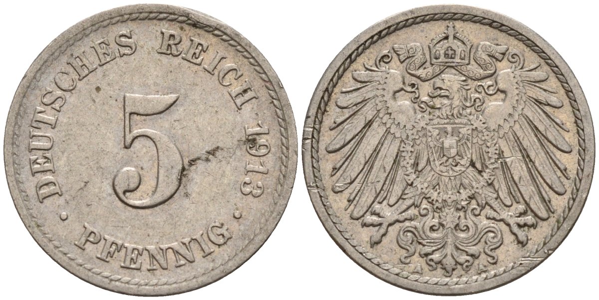 Германия 5 пфеннигов 1913 A KM 11, J. 12 медно-никель 4151-537