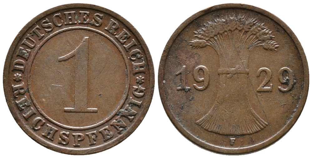 ГЕРМАНИЯ 1 РЕЙХСПФЕННИГ 1929 F KM 37, J. 313 бронза 39-1124