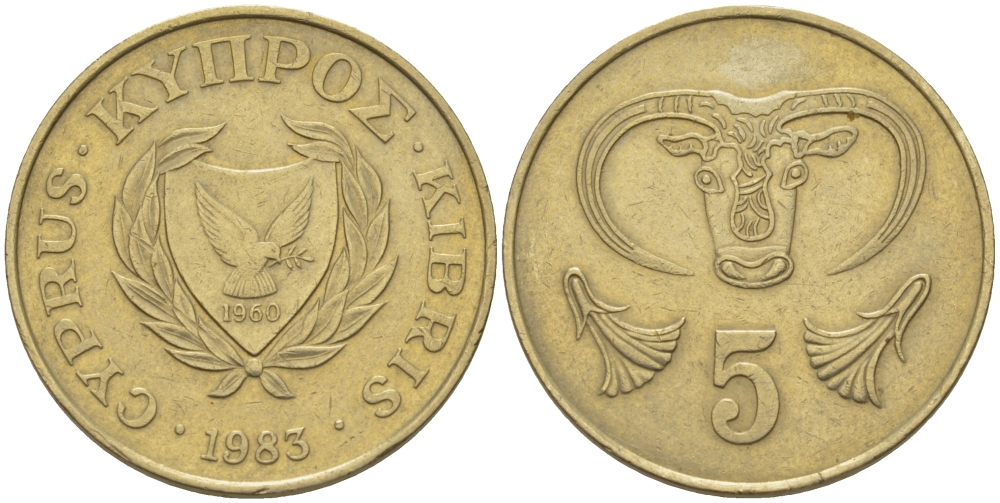 Кипр 5 центов 1983 голова быка KM 55.1 никель латунь 89-1143