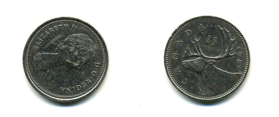 Канада 25 центов 1981 Елизавета II (1952-2022), олень KM 74 никель 83-1216