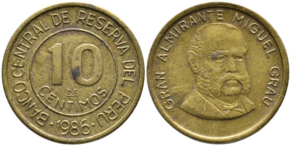ПЕРУ 10 СЕНТИМО 1986 LIMA, МАНУЭЛЬ ГРАУ KM 293 латунь 105-954