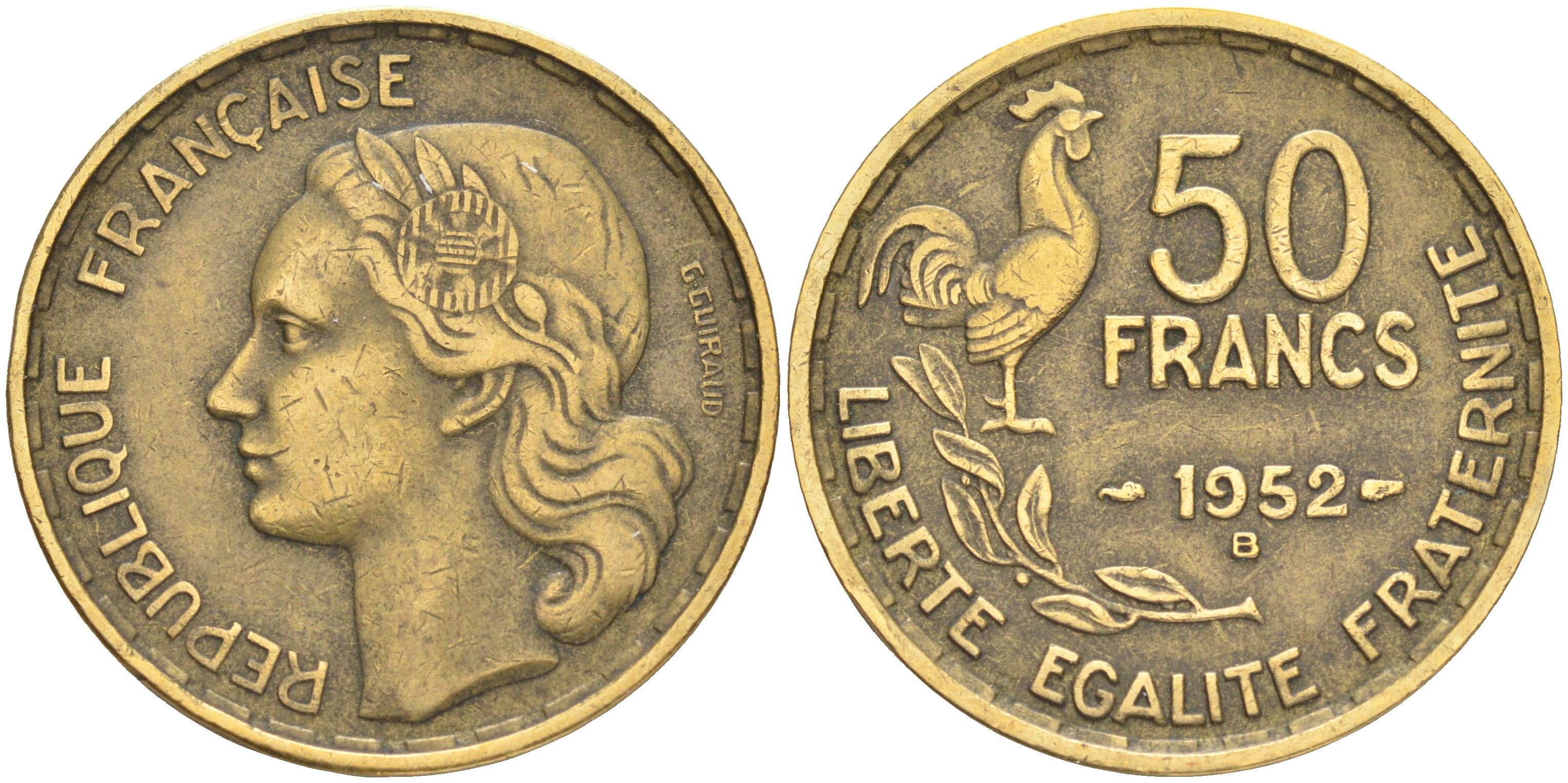 ФРАНЦИЯ 50 ФРАНКОВ 1952 В KM 918.2 алюминиевая бронза 189-322