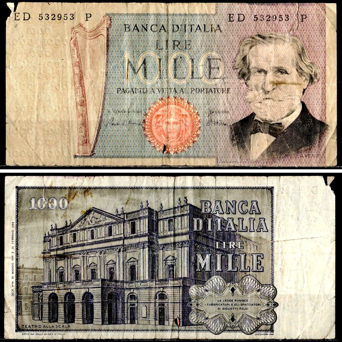 Италия 1000 лир 1981 Джузеппе Верди, Милан Ла Скала Pick 101 h бумага 6281-52-1-1