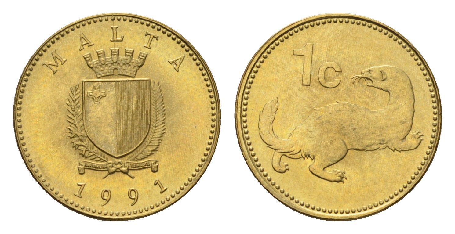 Мальта 1 цент 1991 Ласка, горностай KM 93 никель латунь UNC 4689-1144