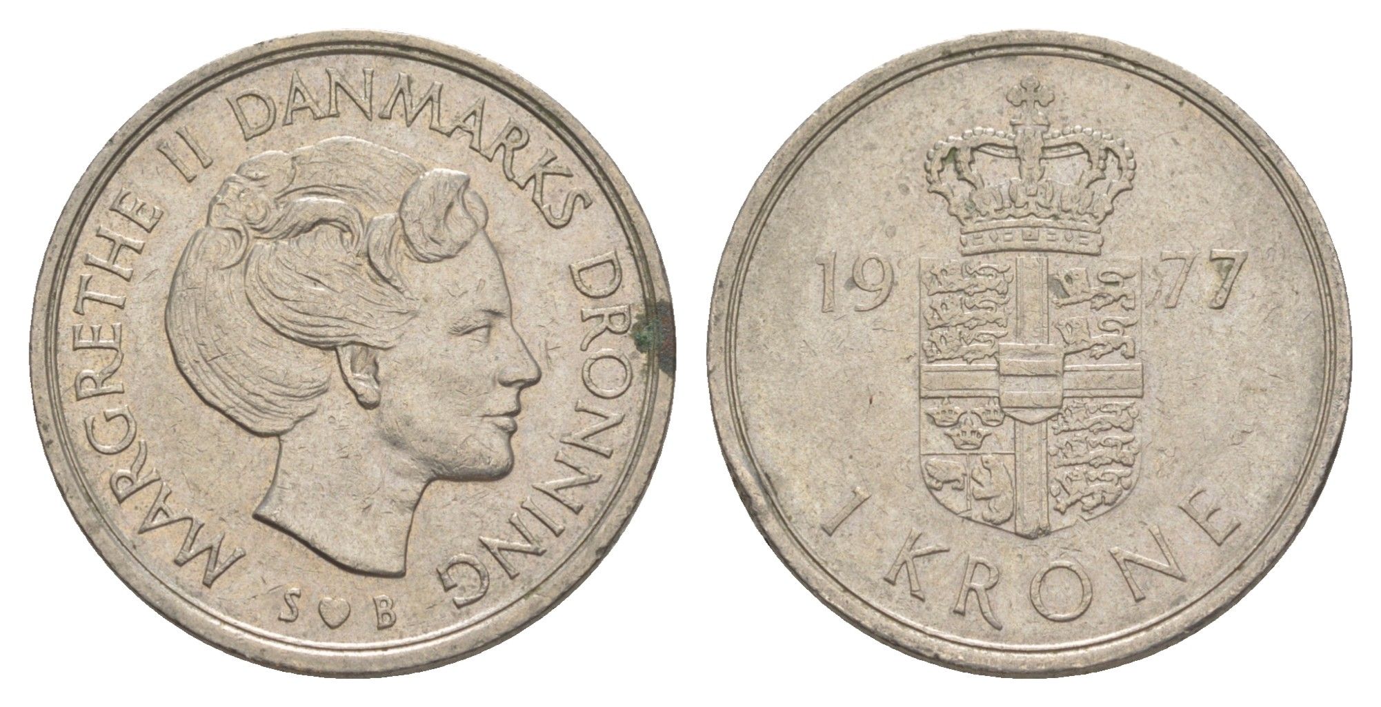 Дания 1 крона 1977 S; B, Маргарете II (1972-2025) KM 862.1 медно-никель 4529-927