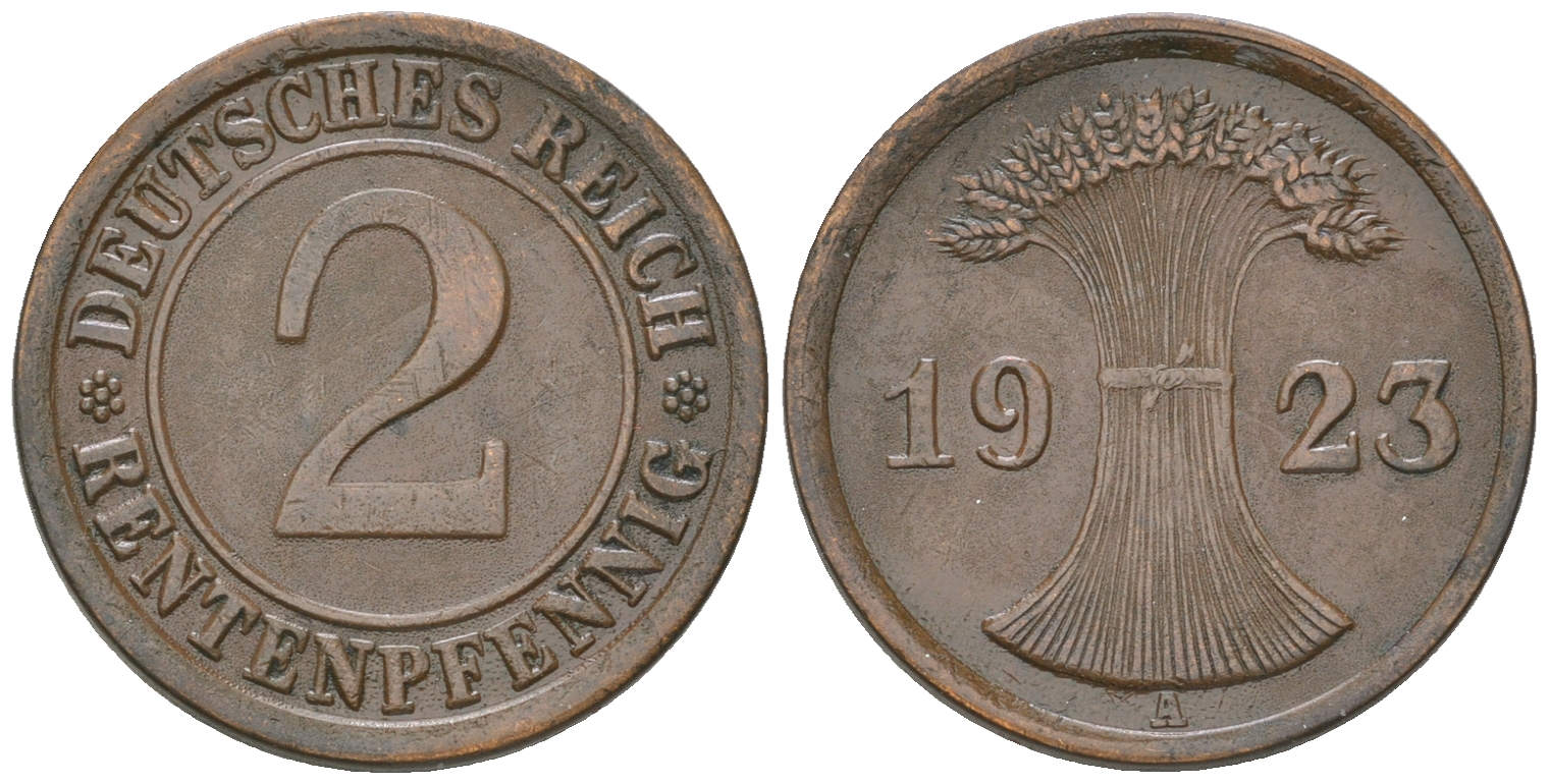 Германия 2 рентенпфеннига 1923 A KM 31, J. 307 бронза 4164-643