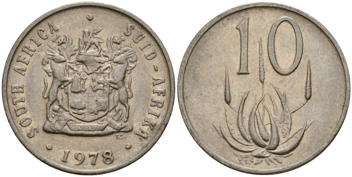 ЮАР 10 центов 1978 герб, цветок алоэ KM 85 никель 4156-935