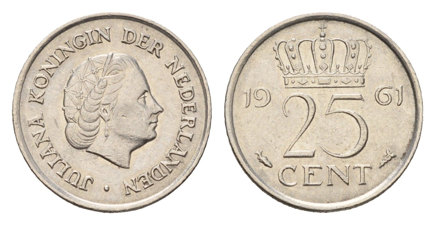 Нидерланды 25 центов 1961 Юлиана (1948-1980) KM 183 никель 4658-822