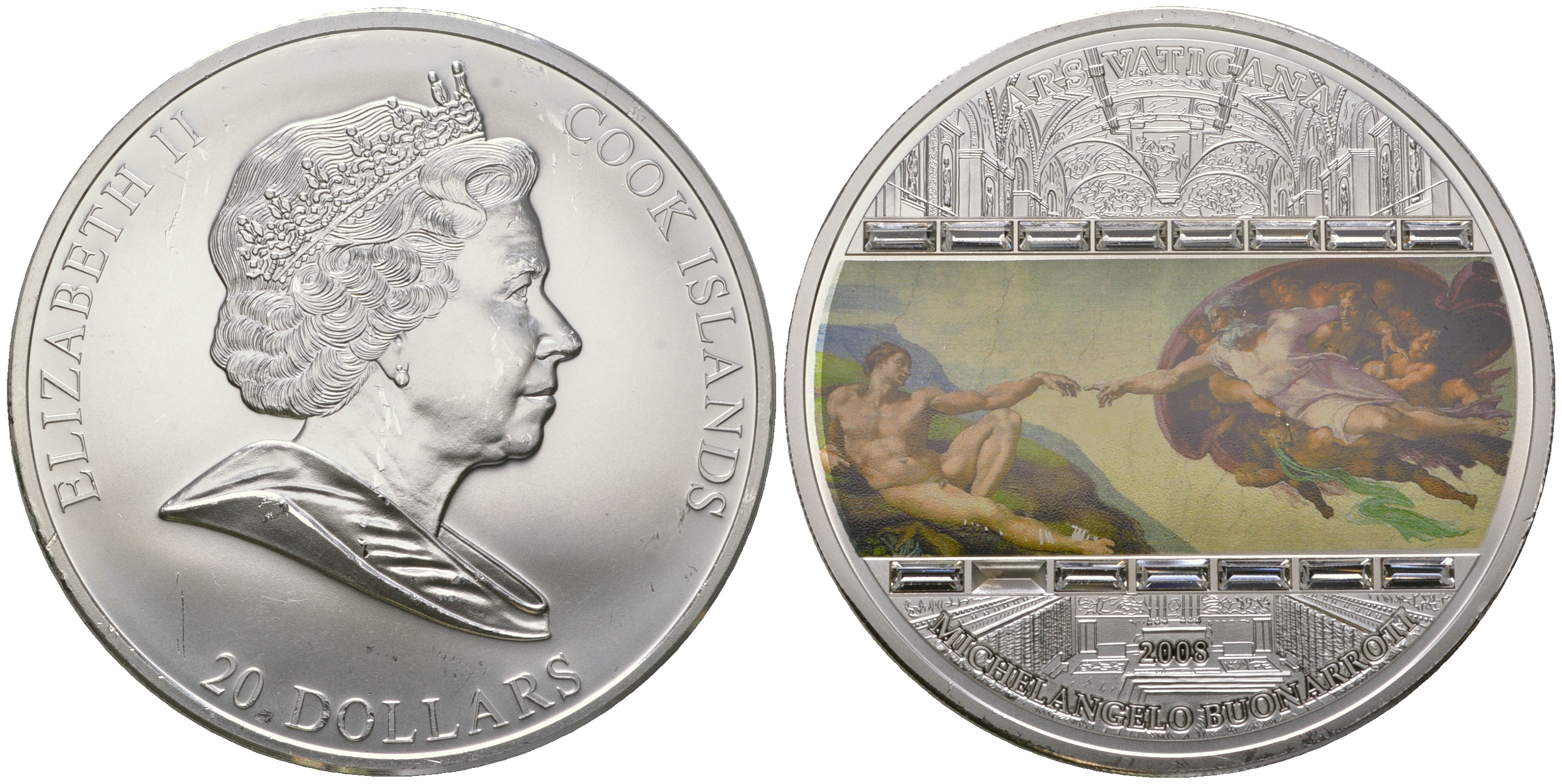 Острова Кука 20 долларов 2008 серия шедевры искусства, Микеланджело, Сотворение Адама, цветная эмаль, кристаллы, тираж 1000 экземпляров, вес 3 унции KM 636 серебро  PROOF 3-4-7-05