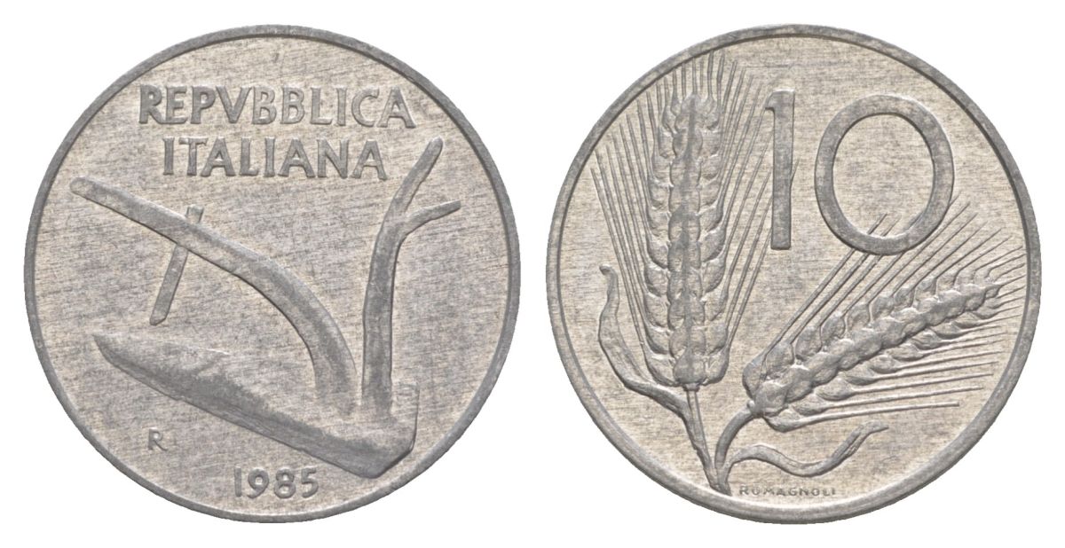 Италия 10 лир 1985 R, колосья, плуг KM 93 алюминий 4633-752