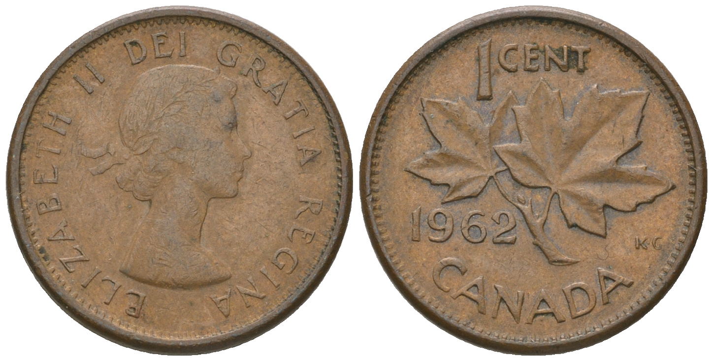 Канада 1 цент 1962 Елизавета II (1952-2022), кленовый лист KM 49 бронза 4164-621